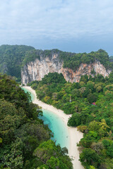 Fototapeta na wymiar Aerial view of Hong Island blue lagoon and white beach view point 360 degree from top observation deck of the hill in Krabi, Thailand is famous attractions.tourists's destination place