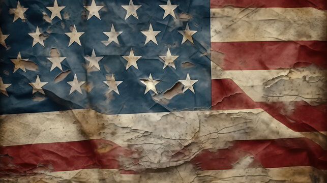 A splendid and current image of the American flag covering a huge surface with a grungy and textured style. It has scratches, cracks, and dust that give it a tough and vintage look.👍AI Generative
