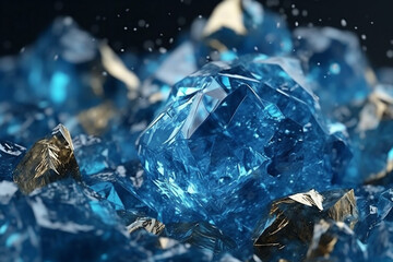 Ultra realistic gold luxurious foil textured flakes in blue flowing liquid, octane. AI Generative