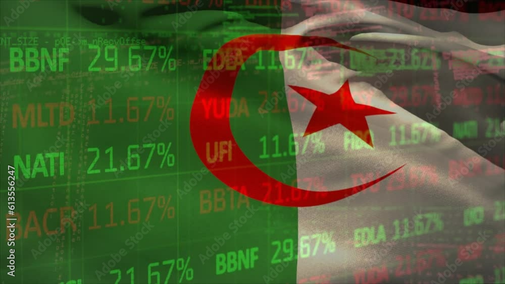 Poster animation of trading board over waving algerian flag and computer language against black background