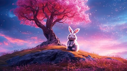 Playful Bunny Enjoying the Company of a Pink Tree on a Serene Hill Generative AI