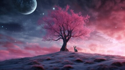 Playful Bunny Enjoying the Company of a Pink Tree on a Serene Hill Generative AI