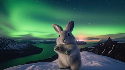 Majestic Bunny: Posing atop a Mountain with Breathtaking Aurora Borealis Generative AI
