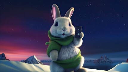 Majestic Bunny: Posing atop a Mountain with Breathtaking Aurora Borealis Generative AI