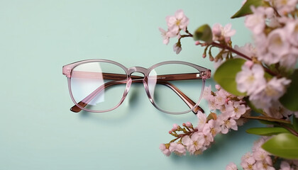 Translucent Frame of glasses of round shape on on a pastel turquoise background and flowers top view. Generative AI