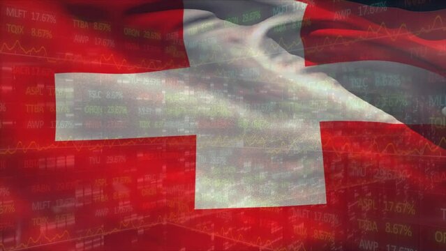 Animation of national flag of switzerland waving over bars against trading board in background