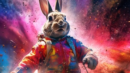 Astronaut Bunny with Explosive Colors in the Background Generative AI