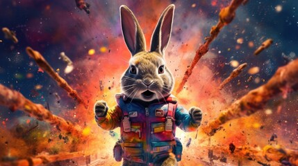 Astronaut Bunny with Explosive Colors in the Background Generative AI
