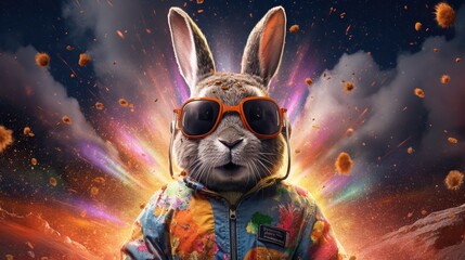 Astronaut Bunny with Explosive Colors in the Background Generative AI