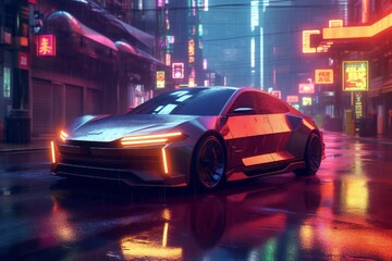 Fototapeta na wymiar Cyberpunk night city in the rain with futuristic car and soft fog, ray tracing reflections Generative AI