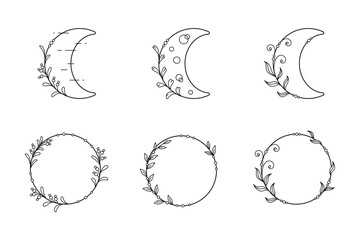 Decorative round frames and moons with leaves and beads. Black and white elements, isolated on a white background. Vector set for holiday greeting card, wedding invitation, monogram, signage and label