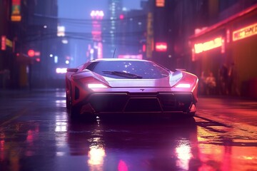 Fototapeta na wymiar Cyberpunk night city in the rain with futuristic car and soft fog, ray tracing reflections Generative AI