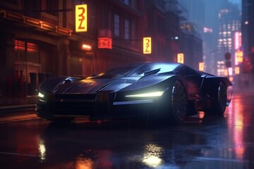 Fototapeta premium Cyberpunk night city in the rain with futuristic car and soft fog, ray tracing reflections Generative AI