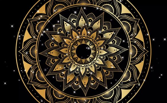 Mosaic Mandala video Moving hypnotic spiral illustration. Gold and Black colors. With white stars Video animation 4K. Psychedelic and slow rotation.