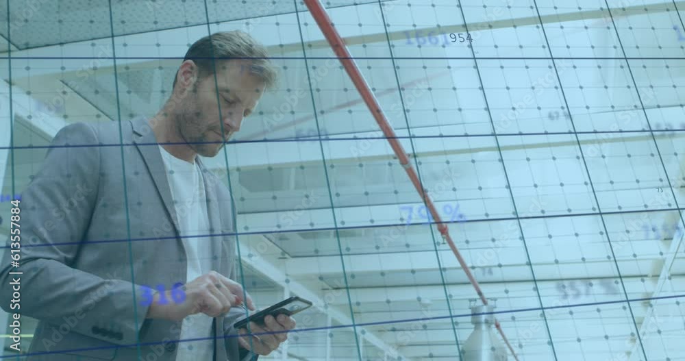 Poster animation of changing numbers over grid pattern against caucasian man using smartphone
