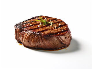 Cooked beef steak meat isolated on white background. Rosemary leaves are used as decoration.
