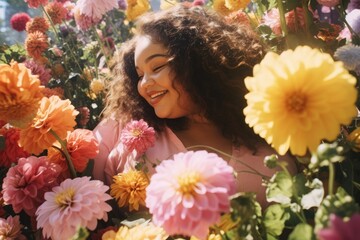 A creative shot of a plus - size woman surrounded by vibrant and colorful flowers in a garden. Generative AI