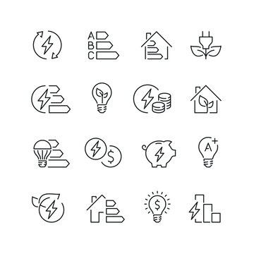 Vector line set of icons related with energy saving. Contains monochrome icons like electricity, energy, power, bulb, house and more. Simple outline sign.
