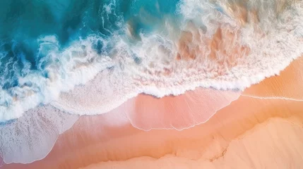 Foto op Canvas Overhead photo of crashing waves on the shoreline. Tropical beach surf. aerial, drone ocean view in beautiful colours. © Hugo