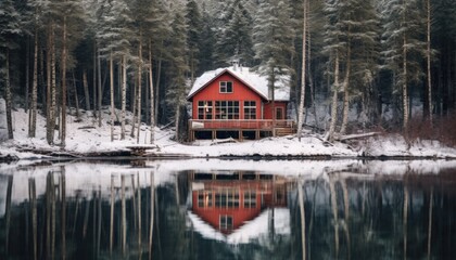 Fototapeta na wymiar Wooden red Scandinavian house at a lake in nature. Off the grid. Snow, winter.