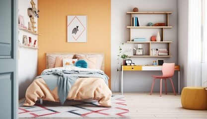 Colorful bedroom design for teenager, single wooden bed and desk with books, Generative AI