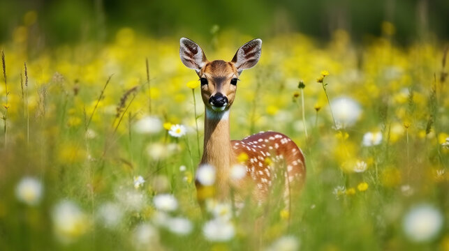 Roe deer, Capreolus capreolus, chewing green leaves. Beautiful blooming meadow with many white and yellow flowers and animal, Generative AI