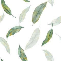 Seamless pattern with green leaves. Watercolor pattern with leaves. Green seamless background. Watercolor twigs. watercolor floral illustration on a white background.Seamless background with summer