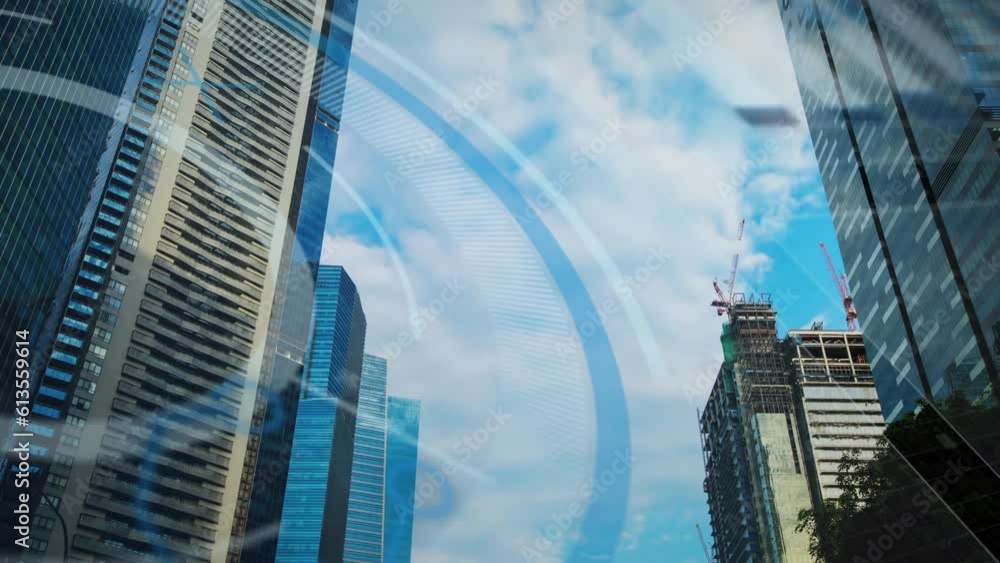 Poster animation of multiple circles over low angle view of modern buildings against cloudy sky