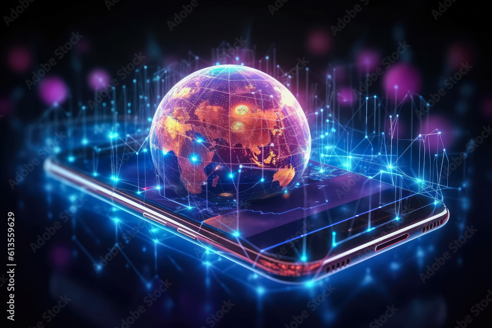 Poster technology virtual global internet connection on smartphone , business internet connection to big da