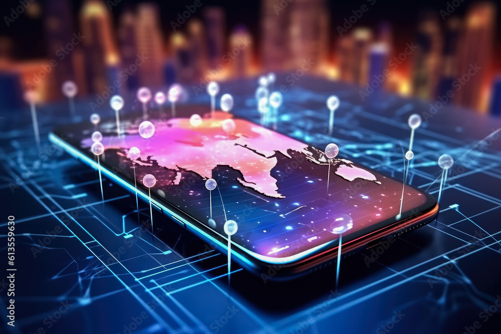 Poster technology virtual global internet connection on smartphone , business internet connection to big da