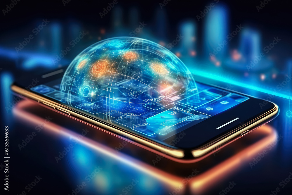 Poster technology virtual global internet connection on smartphone , business internet connection to big da