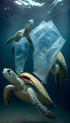Three turtles and a plastic bag underwater, World Ocean Pollution, generated by AI