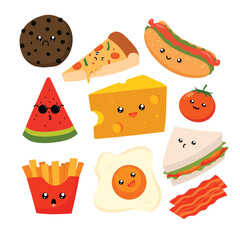 Set of cute kawaii fast food icons