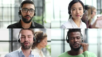 Call center workers collage. Different young customer support operators looking at camera.
