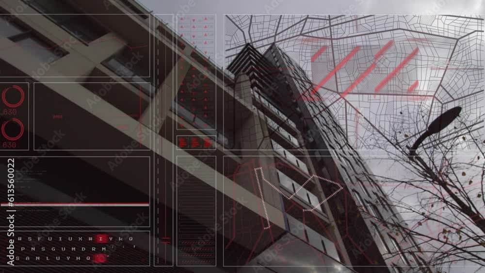 Aufkleber animation of loading circles, changing numbers, navigation pattern, low angle view of building