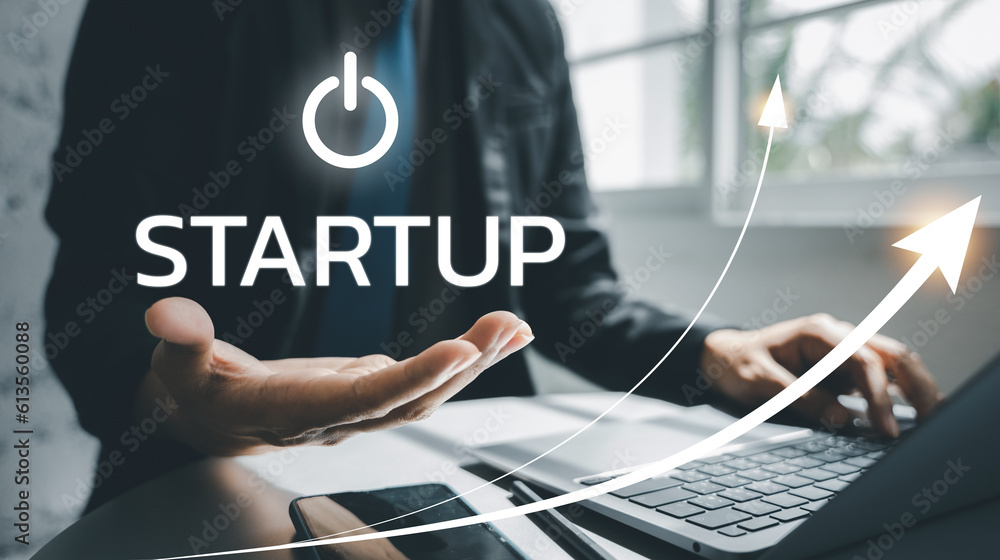 Poster the future of business startups. business growth graph chart on laptop screen with icon business and