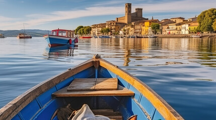 Fototapeta na wymiar View through boats to city Marta on lake Bolsena in Italy, Generative AI