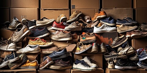 Heap of old, assorted shoes on stacked shoeboxes , concept of Worn out, created with Generative AI technology