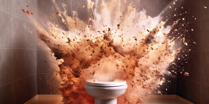 Exploding toilet bowl, concept of Fragile plumbing, created with Generative AI technology
