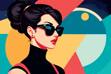 Fashion portrait of model girl with sunglasses. Retro trendy colors poster or flyer.