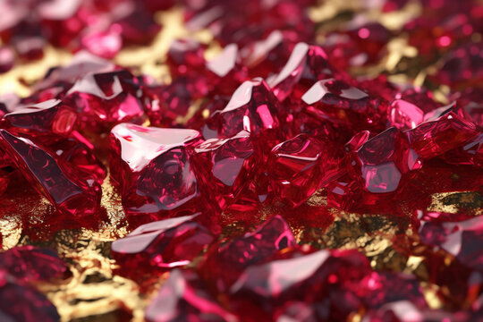 Ultra realistic rubies luxurious foil textured flakes in golden flowing liquid. AI Generative