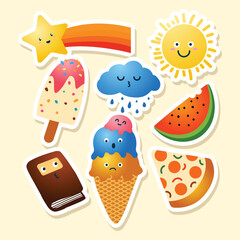Set of colorful stickers with ice cream, watermelon, sun, clouds and other elements