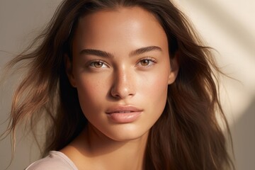 Naklejka premium Portrait shot of a woman with a natural and glowing makeup look. Generative AI