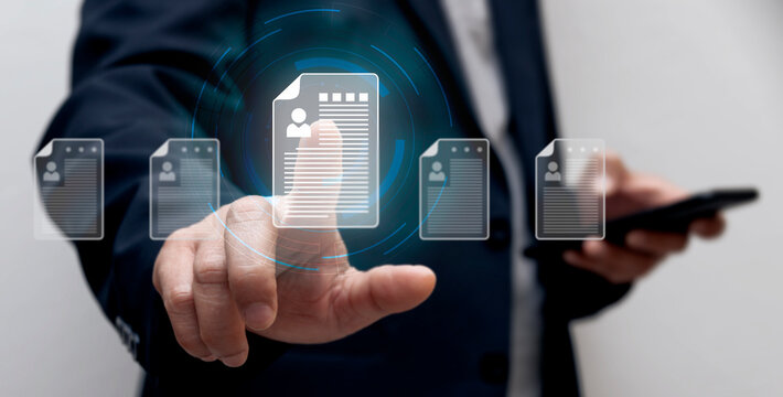 HR Recruitment Employment Headhunting Concept, Human Resources using smartphones to search and select job applicants. HR recruitment process