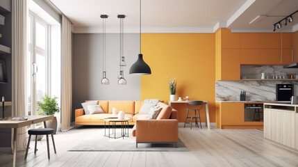 Modern interior apartment panorama 3d render, Bright color. Generative Ai