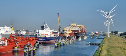Panoramic picture from port Rotterdam with transport ships