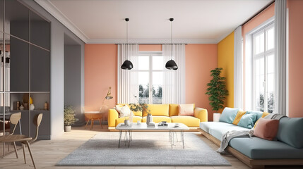 Obraz na płótnie Canvas 3d rendering modern dining room and living room. Generative Ai