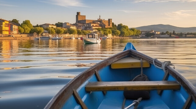Tranquil Waters, Timeless Charm, Boats Frame the Scenic City of Marta on Lake Bolsena, Generative AI