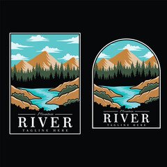 mountain river vintage illustration and logo