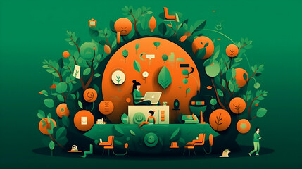 illustration of a sustainable startup in green and orange working on a better future - Generative AI